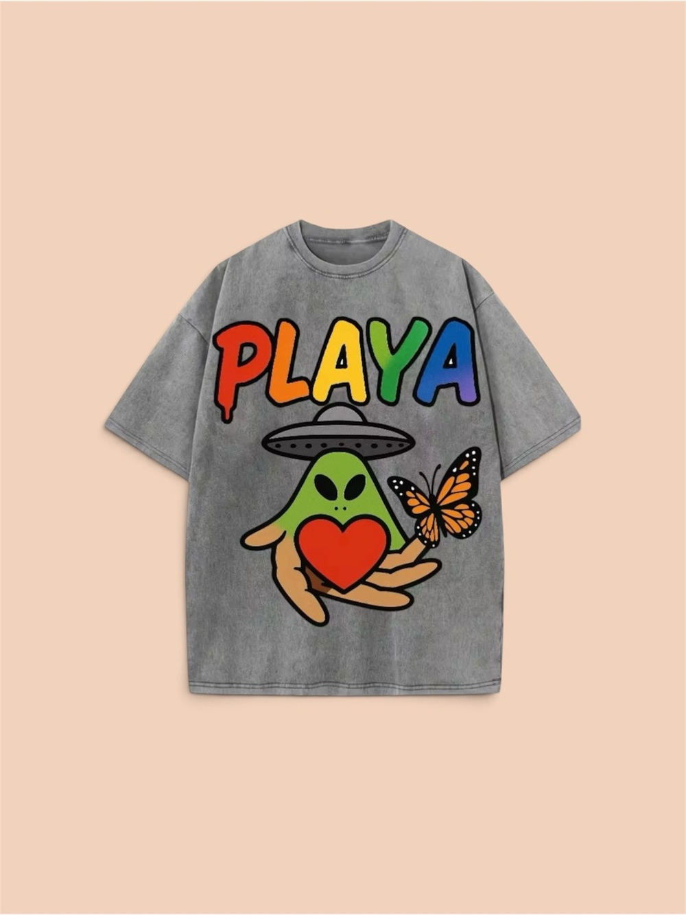 Gray PLAYA Graphic Short-Sleeve Tee with Colorful Alien and Heart Print